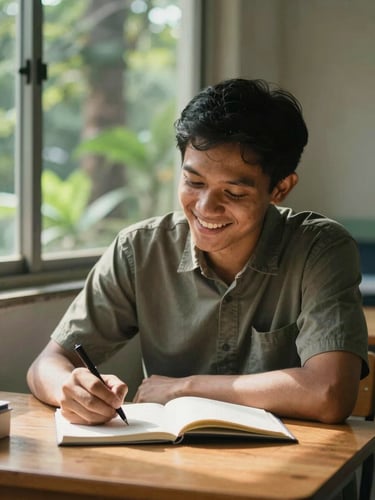 Medium shot of an adult student in Indonesia smiling warmly, writing in a notebook on a wooden desk with soft daylight streaming through a window, forest green elements in the background, warm natural lighting.