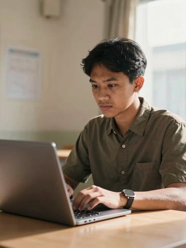 A medium shot of an Indonesian adult student focused on a laptop screen in a warm, naturally lit room. Soft sunlight streams through a window, highlighting a modern and clean educational setting.