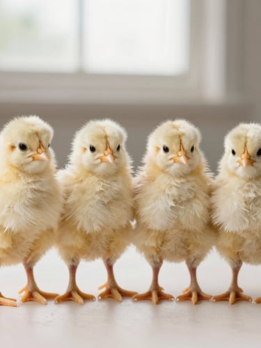Extreme close-up flat studio shot of four day-old chick breeds arranged side by side on a clean off-white surface under diffuse north-facing window light — feather tone and down texture clearly differentiated across the row, no hands, no props, clinical product framing