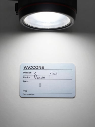 Flat-lay overhead shot of a vaccination record card on a clean white surface, studio-clear light from directly above, handwritten batch date and vaccine codes visible, no hands in frame, clinical and precise framing