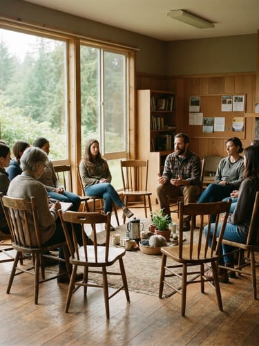 A quiet, sunlit community room in Washington with warm window light filtering through large glass panes, wooden chairs arranged in a loose circle, 35mm warm editorial photography.