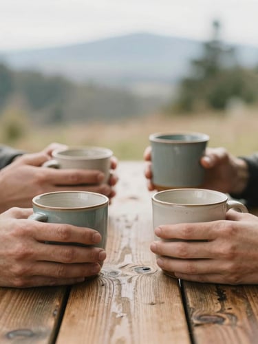Hands holding warm ceramic mugs on a rustic wooden table, soft overcast daylight, natural depth of field, authentic Pacific Northwest atmosphere.