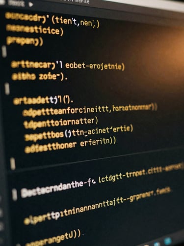 Macro close-up of clean code on a dark computer monitor, glowing golden syntax highlighting, deep shadows, moody editorial photography, cinematic