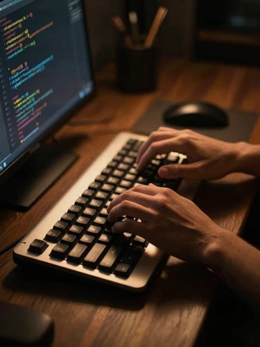 Moody editorial photography of a high-end workspace environment, close-up of hands typing clean code on a mechanical keyboard, warm golden accent lighting.