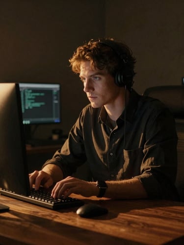 Cinematic portrait of a focused software engineer working at a dark walnut desk, warm golden-hour light cutting across the room, soft ambient shadows, 35mm photography