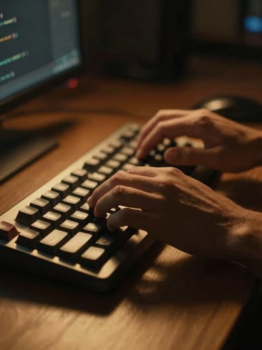 Moody close-up of a developer's hands typing clean code on a mechanical keyboard, warm golden accent light casting sharp shadows, high-end workspace atmosphere