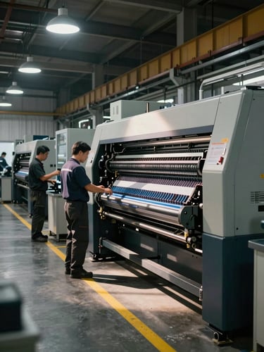 Wide-angle industrial print facility interior, two technicians in workwear performing installation of a large-format printing machine, hard overhead factory lighting casting precise shadows across machine frame and cable trays, floor marked with yellow safety lines, machinery occupies the right two-thirds of the frame