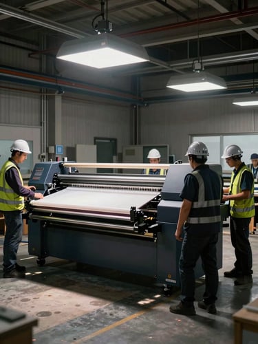 Wide workshop interior, installation crew in safety gear commissioning a large-format UV flatbed printing machine, hard key light from overhead industrial fixtures casting sharp shadows across the mechanical frame, 3/4 front angle showing machine scale against the factory floor
