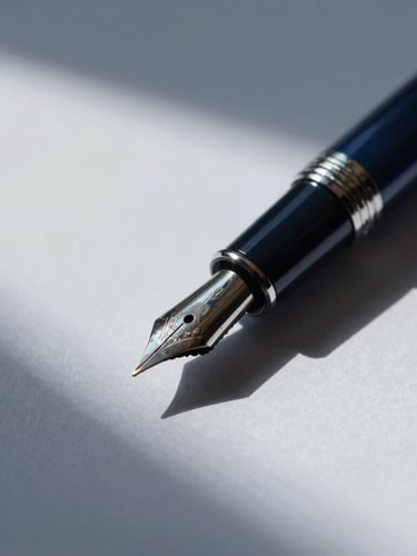 Close-up of a high-end fountain pen resting on structured gray paper, sharp architectural shadows, cool morning light, 35mm