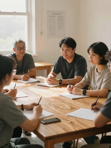 Medium-wide environmental shot of community leaders planning around a wooden table in a sunlit classroom, warm editorial style, soft natural daylight.