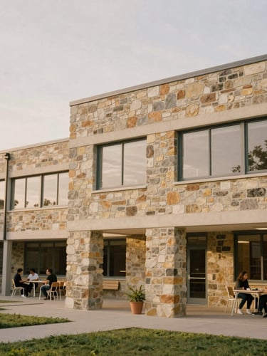 Architectural detail of a modern, light-filled community school building constructed with local stone, soft overcast daylight, warm earth tones