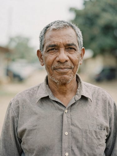 Dignified, candid portrait of a local community leader in soft natural daylight, medium-wide environmental framing, muted earth tones.