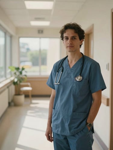Documentary style environmental portrait of a local medical director standing inside a sunlit, modern community clinic hallway, soft natural window light, muted warm tones.