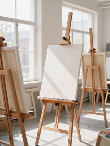 Sunlit art studio interior with blank canvases on wooden easels, soft daylight streaming through large windows.