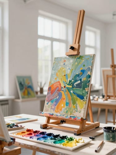 Sunlit art studio interior with clean white walls, natural daylight pouring through large windows, canvases on wooden easels, vibrant oil paints arranged on a table, shallow depth of field.