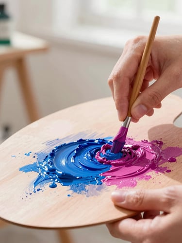 Close-up of hands mixing vivid blue and magenta pigments on a clean wooden palette, sunlit art studio background, natural daylight, soft focus.