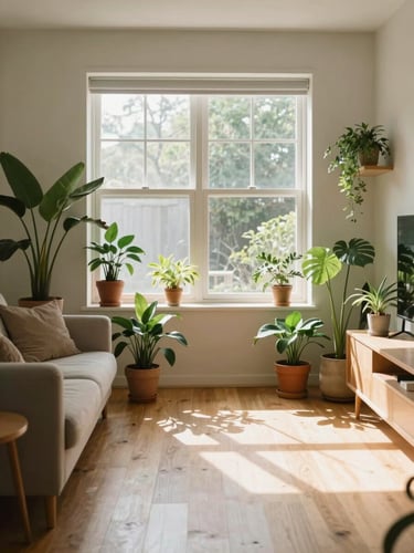 Warm residential living room filled with houseplants, natural sunlight streaming through a large window, clean wooden floors, soft editorial photography