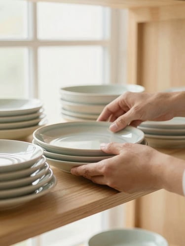Close-up of clean hands carefully organizing ceramic plates on a light wooden shelf, soft morning light, warm organic tones, 35mm