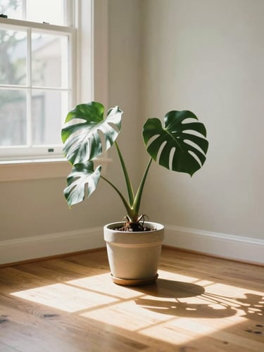 Bright sunlit living room with rich wooden floors, a healthy green monstera plant in a ceramic pot, natural warm daylight streaming through a large window, 35mm photography