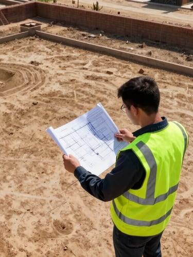 A professional land surveyor in a high-visibility vest reviewing architectural blueprints on-site at a sunny plot development, sharp focus