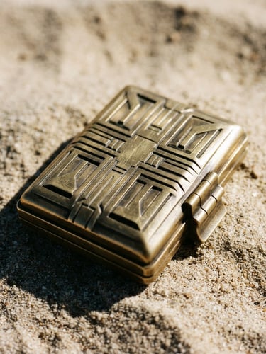 Macro photograph of a heavy architectural brass cosmetic case catching sharp direct sunlight, deep geometric shadows, desaturated sand background