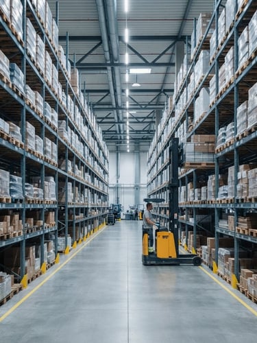 Wide-angle clean commercial photography of a modern warehouse, organized high-density steel shelving with neatly stacked wholesale pallets, cool blue and slate tones