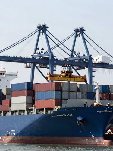 Clean commercial photography of a modern shipping port with container cranes loading cargo ships, cool slate and blue tones, bright daylight, 35mm.
