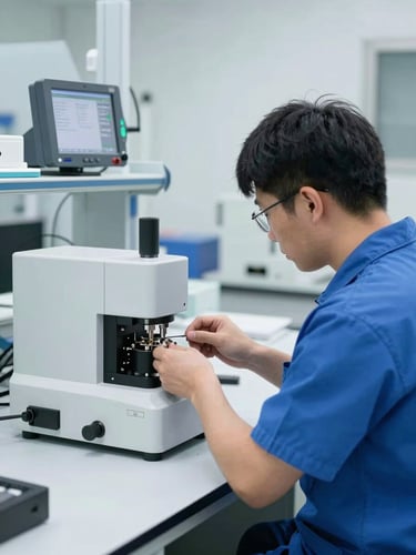 A technician calibrating an analog watch movement using professional diagnostic machinery in a clean, bright, slate-toned laboratory environment.