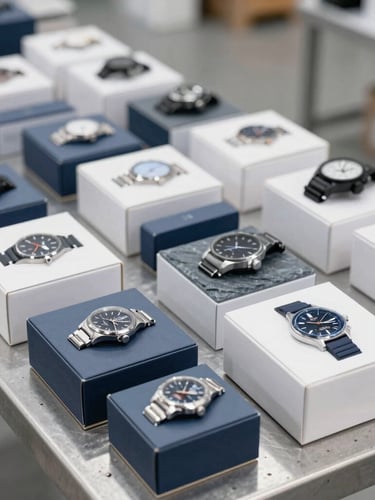 Structured grid layout of boxed consumer electronics and precision watches on a metal inspection table, bright neutral commercial lighting, cool slate tones, sharp focus