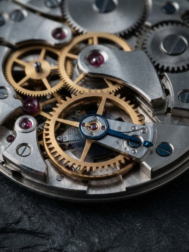 Studio shot of mechanical watch gears and brass escapement wheel on a dark slate surface, sharp focus, cool neutral lighting, macro photography.