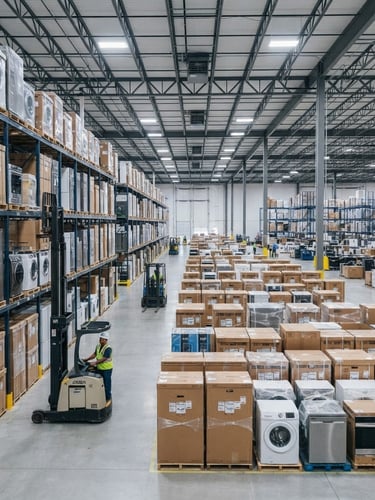 Wide-angle commercial photography of a bright, clean distribution warehouse with neatly stacked pallets of boxed major home appliances, cool slate tones, 35mm.