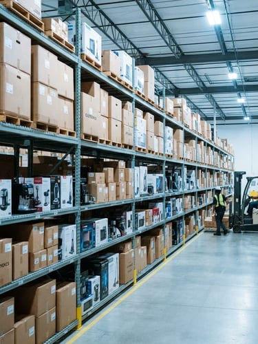 Wide-angle view of an organized B2B warehouse, steel shelving units with neatly arranged boxes of electronics and household appliances, bright cool commercial lighting, 35mm