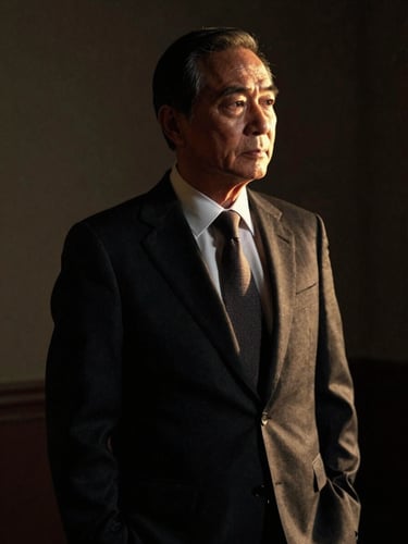 Cinematic low-key portrait of a distinguished advisor in a bespoke dark suit, dramatic side lighting, deep shadows, golden-hour rim highlights, 35mm film.