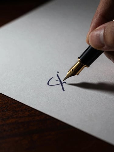 Extreme close-up of a fountain pen signing heavy cotton paper stock on a dark mahogany desk, dramatic side lighting, deep shadows