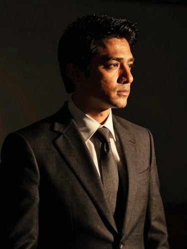 Dramatic low-key portrait of Alok in a dark tailored suit, side-lit with golden-hour highlights, deep shadows, 35mm cinematic crop