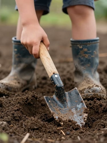 A close-up, child-eye-level shot of a child's hands in muddy boots digging into dark, rich garden soil with a small wooden shovel, soft daylight.