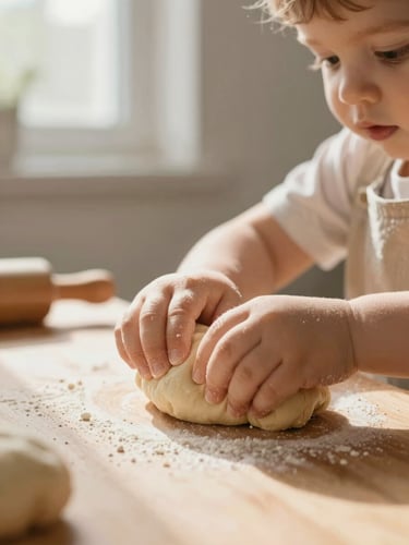 Low-angle child's eye view of toddler hands gently kneading soft dough on a low wooden table, warm morning light streaming through a window, soft focus.