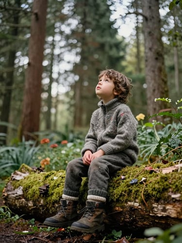 Low-angle shot of a child in weather-appropriate wool gear sitting on a mossy log in the forest garden, looking up at tall trees, soft natural daylight.