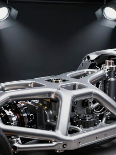 Extreme macro shot of a high-end vehicle's metallic silver chassis and precision engineering details under dramatic studio spotlights.