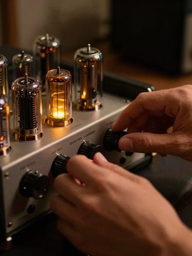 Close-up of hands adjusting dials on a vintage vacuum tube amplifier, glowing amber pilot light, warm studio atmosphere, shallow depth of field, 50mm lens