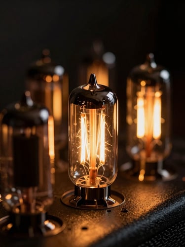 Macro shot of glowing vacuum tubes inside a vintage guitar amplifier, warm amber filament glow, dark shadows, cinematic 50mm lens
