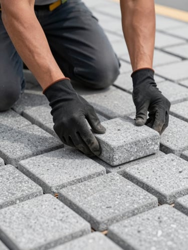 Close-up environmental shot of a crew member's gloved hands adjusting a freshly laid paving stone on a commercial pathway in clear daylight, surrounding stonework sharp and clean, shallow depth visible behind