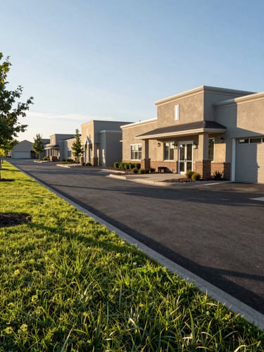 Panoramic environmental shot of a well-maintained suburban commercial property — wide landscaped verge in the foreground left, tidy building frontage to the right, early morning directional daylight casting long clean shadows, no people