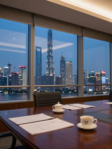 Wide environmental shot of a Pudong boardroom at dusk, floor-to-ceiling windows revealing illuminated tower silhouettes, a long lacquered table with documents and two filled tea cups in the foreground, warm tungsten interior light contrasting the blue twilight outside