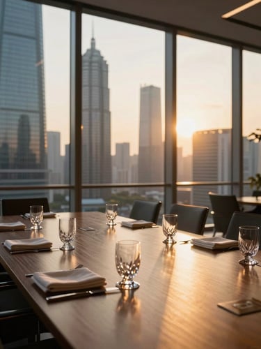 Wide environmental shot of a Shanghai business district at golden hour — floor-to-ceiling glass conference room window, warm amber sunlight raking across a long mahogany table set for a formal dinner, empty crystal glasses and folded napkins in soft focus, Pudong towers visible through the glass in the distance, directional side-light casting long shadows across the table surface