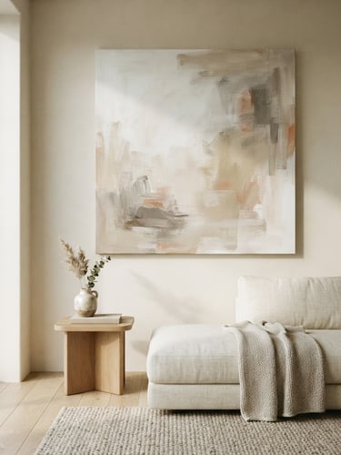 Elegant minimalist living room with a large abstract canvas painting hanging on a warm bone-colored wall, soft side window light casting gentle shadows, rich fabric textures, 35mm lens
