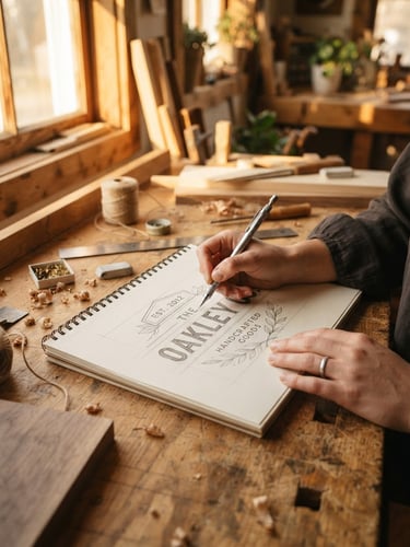 Close-up of hands sketching a custom wood sign layout on a sunlit workbench, warm golden-hour window light, Work Sans typography on paper, shallow depth of field