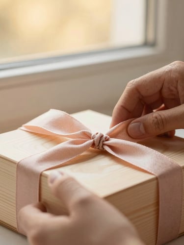 Close-up of artisan hands carefully wrapping a custom wooden keepsake box with a soft blush linen ribbon, warm golden-hour window light, shallow depth of field.