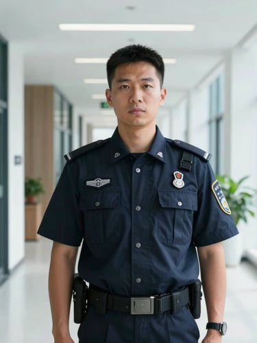 Portrait shot of a professional security guard in a dark blue uniform standing alert in a modern office building hallway, bright natural light, deep blue tones, sharp focus, 35mm