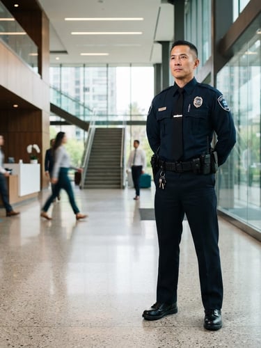 Professional security guard in a dark blue uniform, standing alert in a modern corporate lobby, bright natural light, clean interior, 35mm, professional corporate photography, deep blue and teal tones, sharp focus.